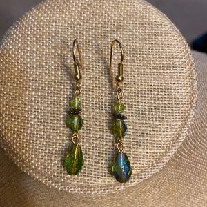 Green Crystal AB Dangle Earrings Gold Tone Hook Iridescent Drop